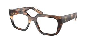 Das Bild zeigt die Prada Brille A03V in Havana caramel leicht schräg von der Seite.